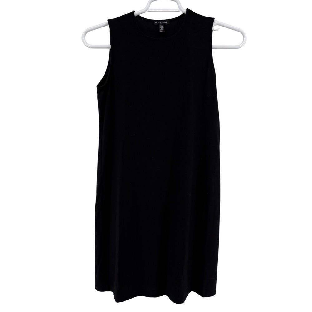 Eileen Fisher Black Sleeveless Shift Dress Womens XXS Stretch Jersey Crew Neck